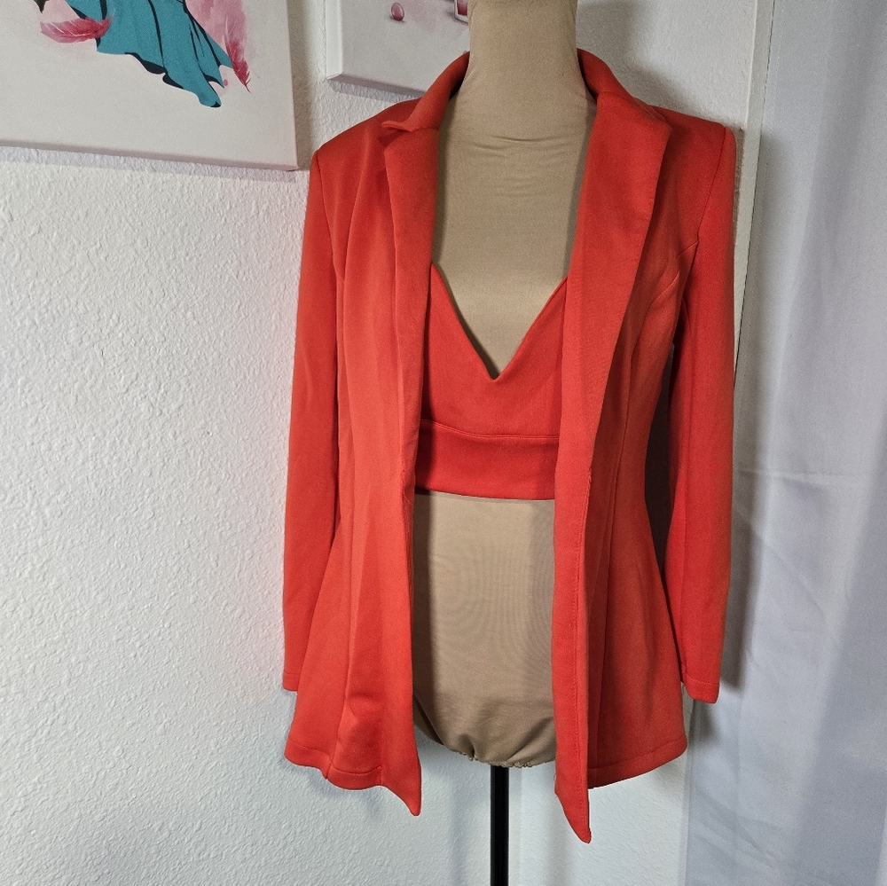 Chic Orange Blazer Structured Suit Jacket With Crop Top